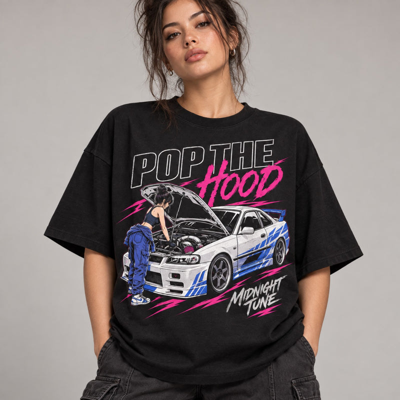 POP THE HOOD MIDNIGHT TUNE OVERSIZED T-SHIRT