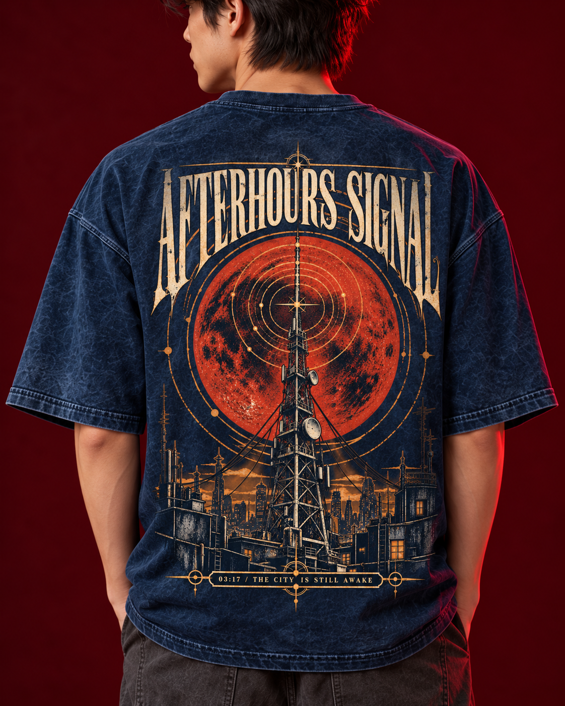AFTERHOURS SIGNAL navy acid wash oversized T-shirt detail view