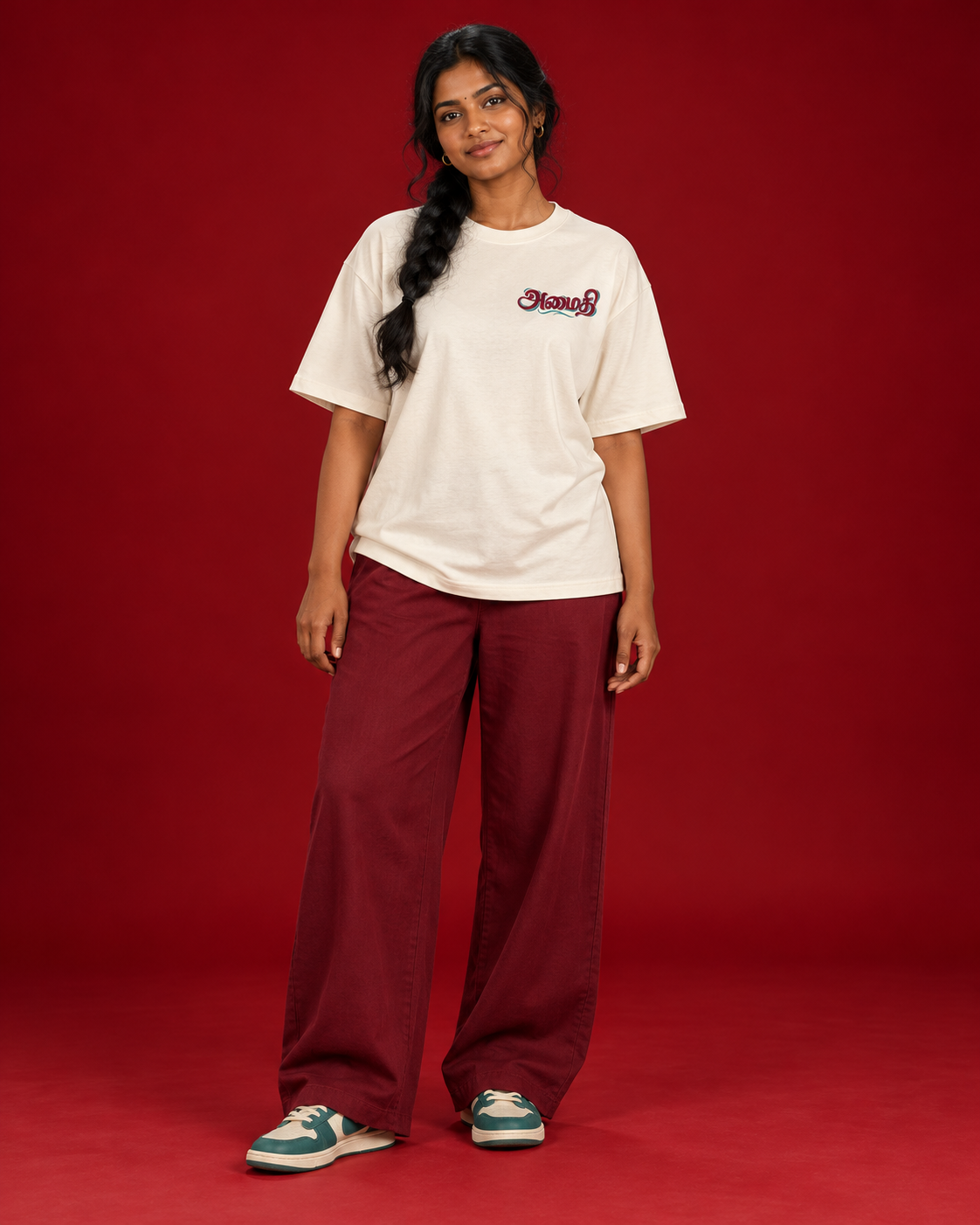 AMAITHI Tamil அமைதி offwhite tee small burgundy teal left chest print