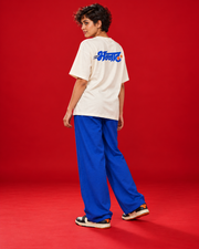 BHANNAT off-white women's oversized T-shirt rear three-quarter view curved blue Marathi back graphic