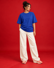 Bhatkanti women's blue oversized Marathi typography T-shirt front
