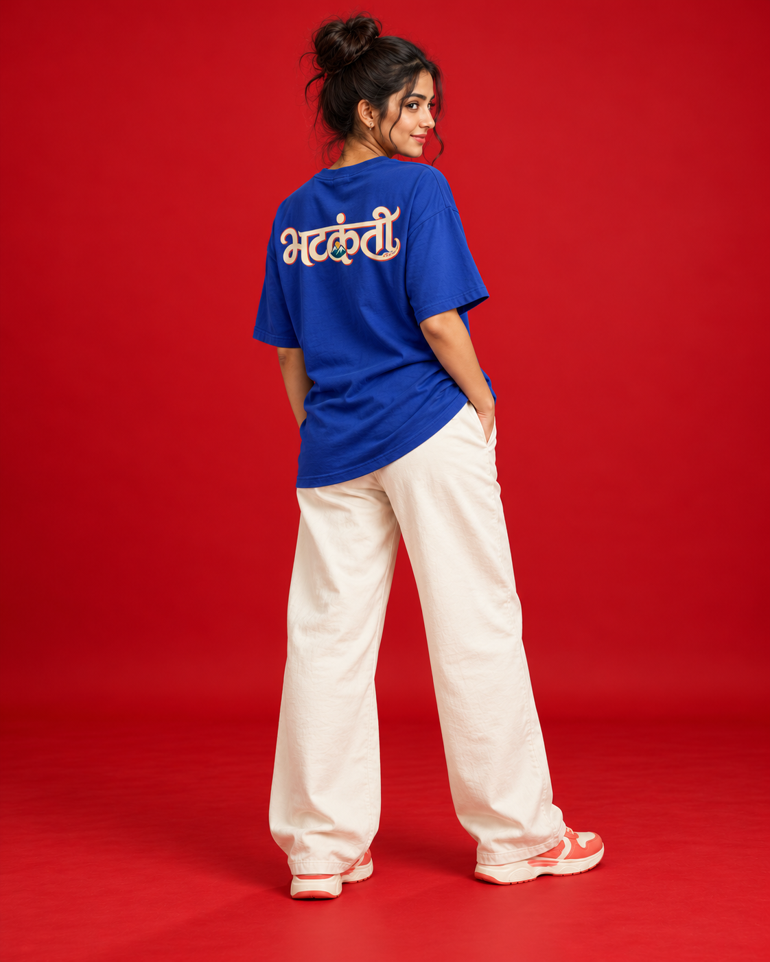 Bhatkanti women's blue oversized Marathi typography T-shirt side