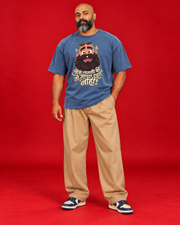 Bhook Lagli blue oversized tee hungry bearded caricature Marathi punchline centered front print