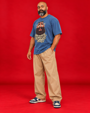 Bhook Lagli blue oversized tee updated front three-quarter view centered chest print