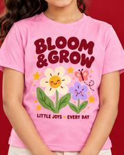 Bloom and Grow pink kids tee closeup