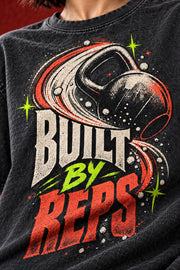 Close-up of BUILT BY REPS print following fabric folds