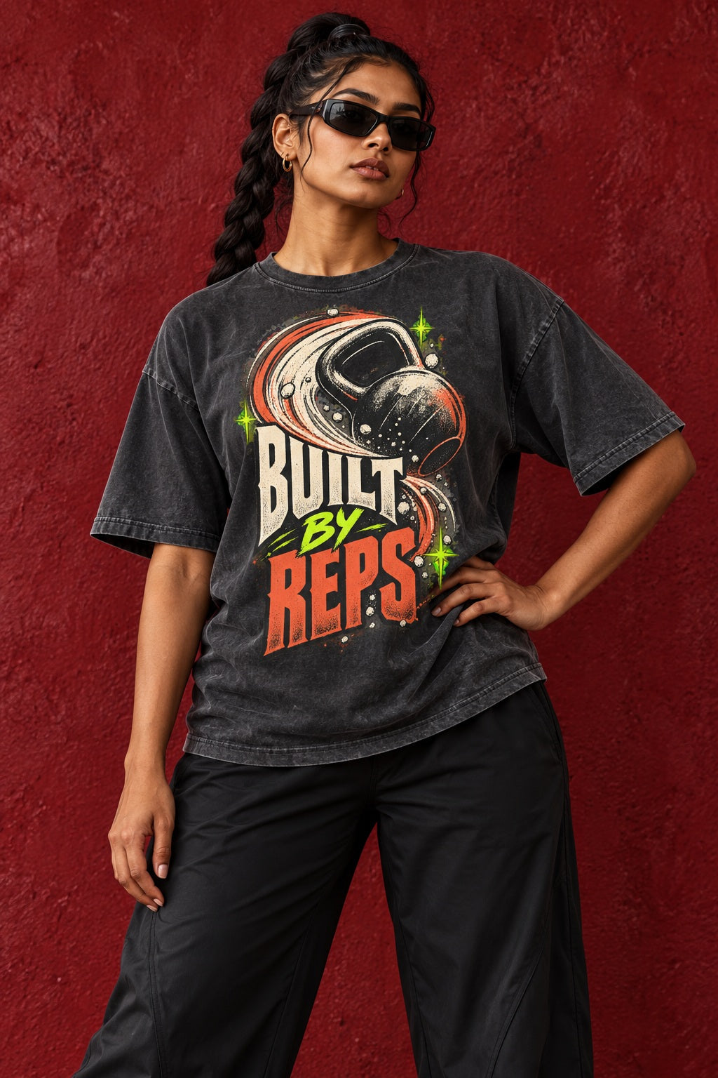 BUILT BY REPS tee on new braided model, hand on hip