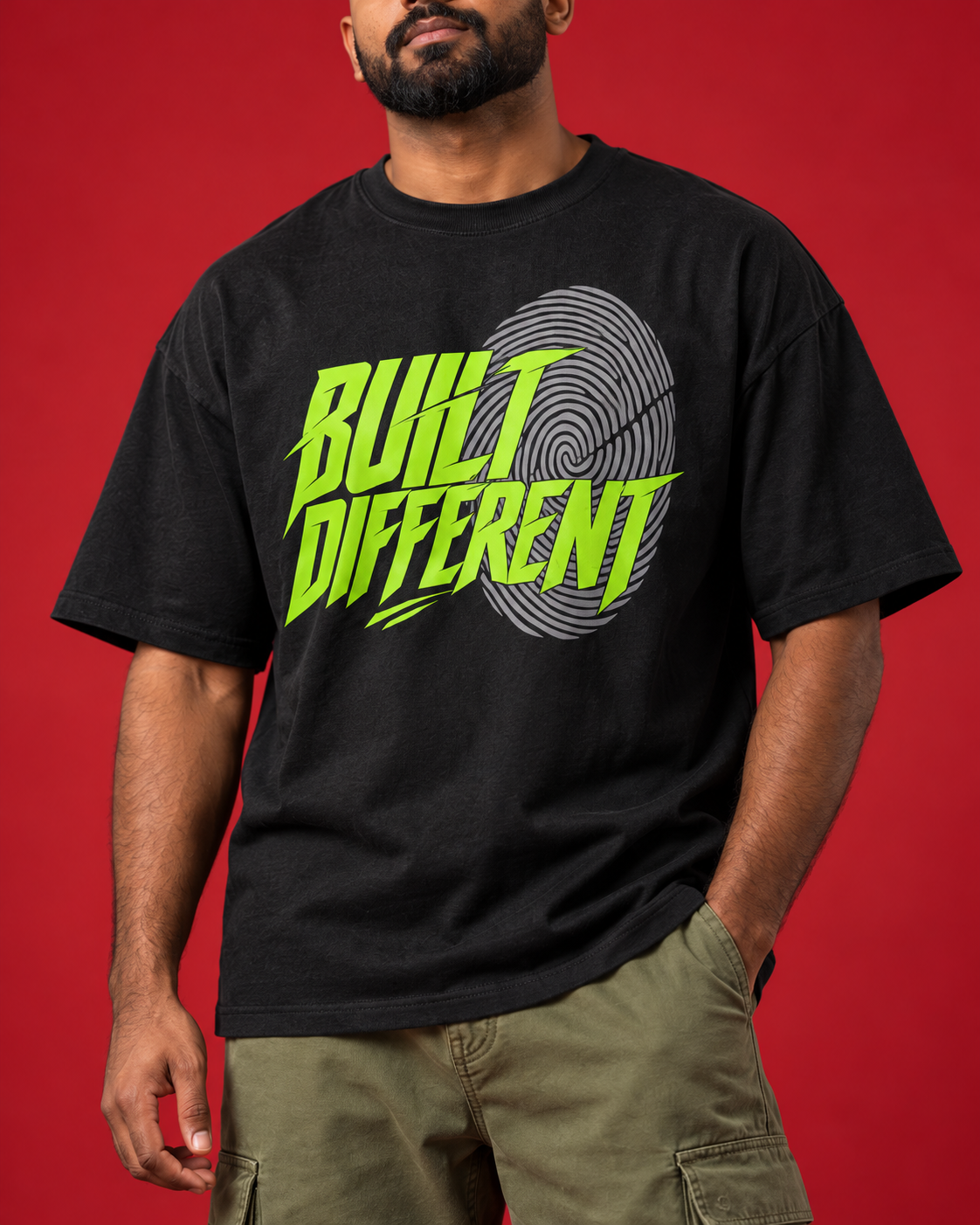 BUILT DIFFERENT lime typography fingerprint close-up