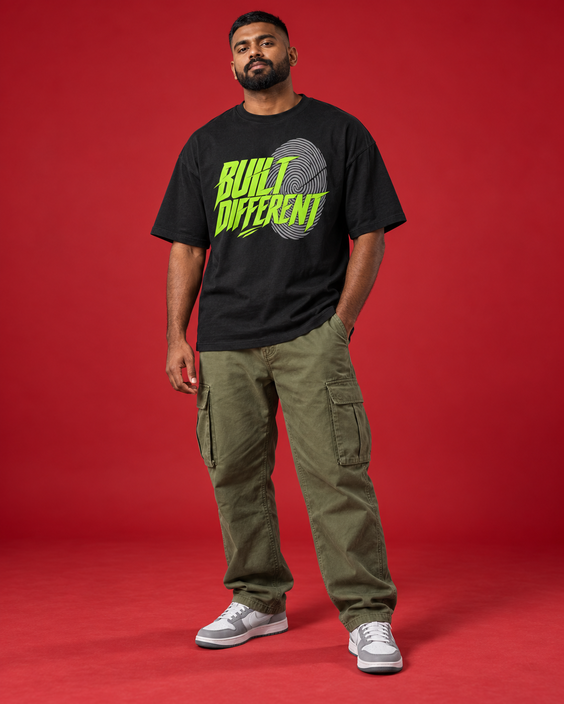 BUILT DIFFERENT men's black oversized tee front