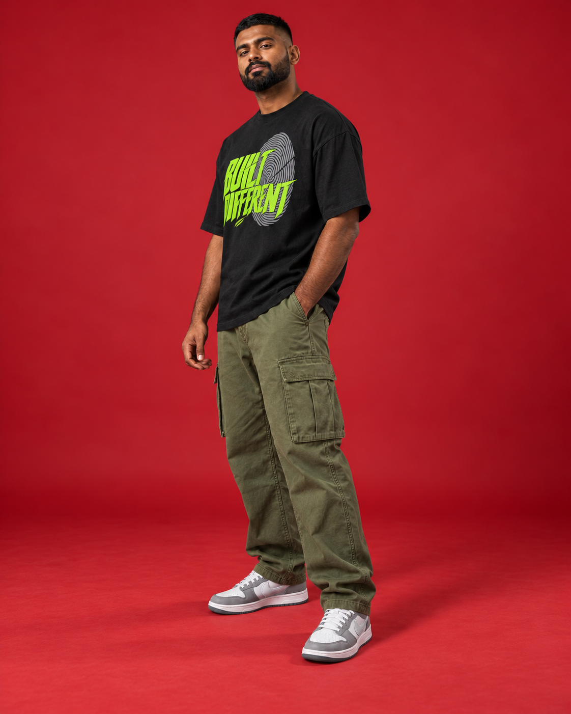 BUILT DIFFERENT men's tee three-quarter side