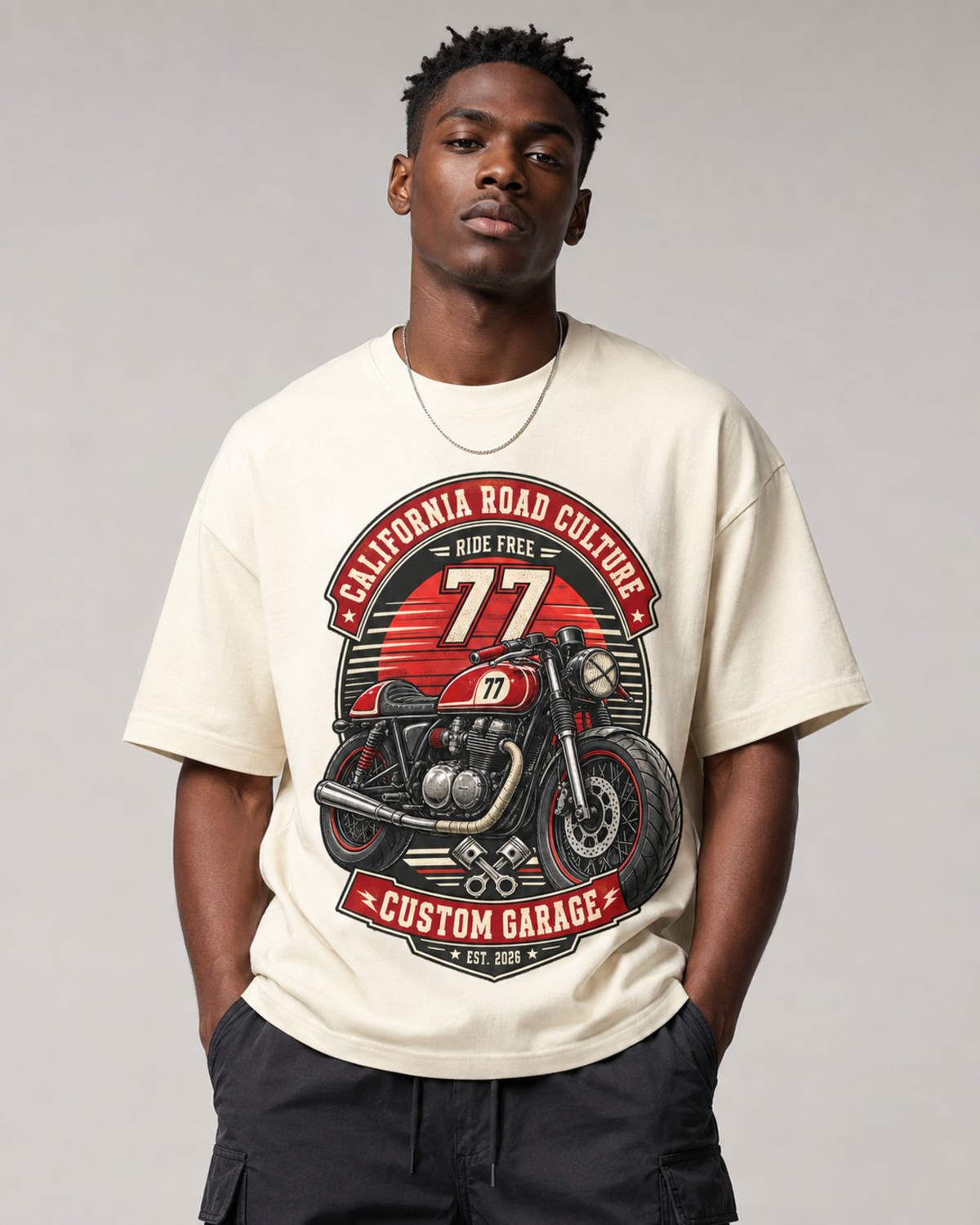 California Road Culture 77 oversized T-shirt close-up