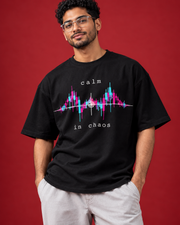 CALM IN CHAOS typewriter and chart print cotton close-up