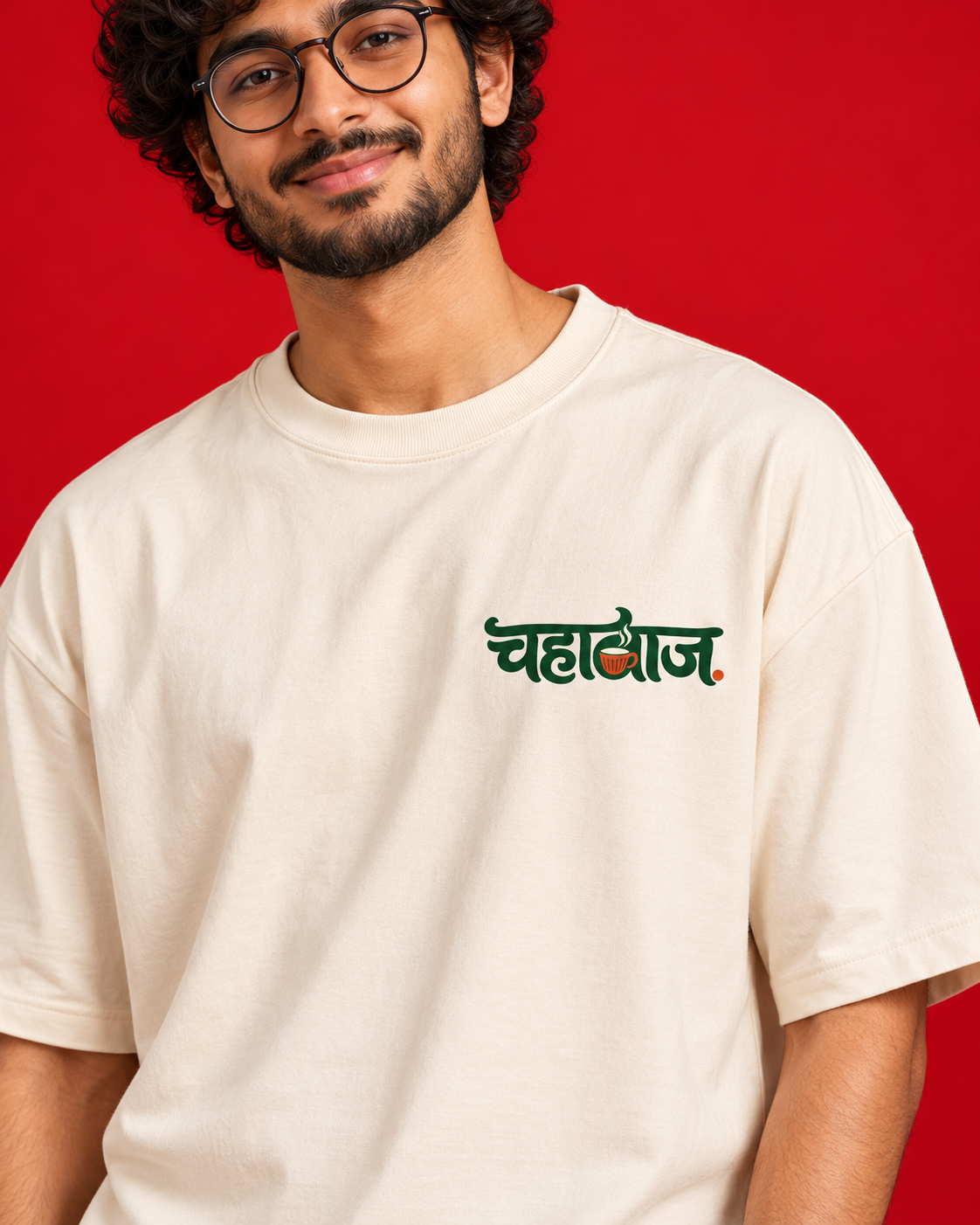 Chahabaaz off-white oversized Marathi typography T-shirt close