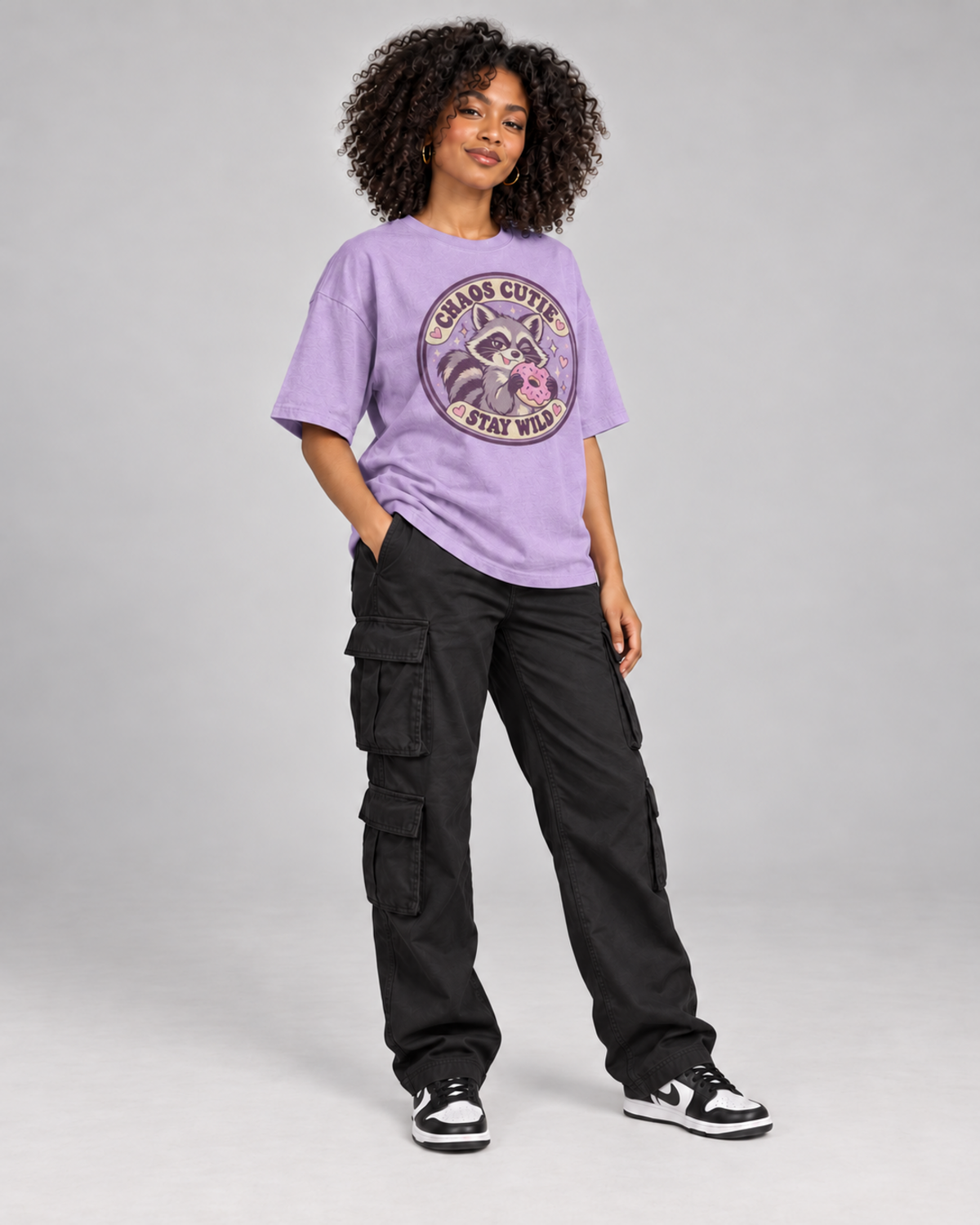 CHAOS CUTIE WOMEN'S OVERSIZED T-SHIRT in Lavender – three-quarter pose