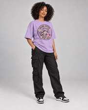 CHAOS CUTIE WOMEN'S OVERSIZED T-SHIRT in Lavender – three-quarter pose