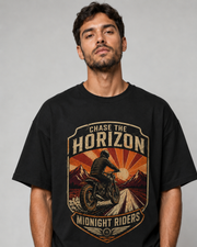 Chase the Horizon oversized black T-shirt print close-up