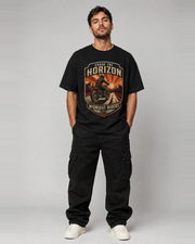 Chase the Horizon oversized black T-shirt full front view