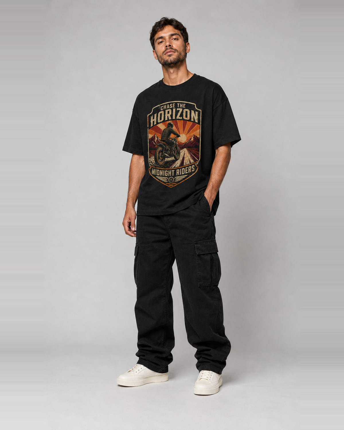 Chase the Horizon oversized black T-shirt three-quarter view