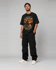 Chase the Horizon oversized black T-shirt three-quarter view