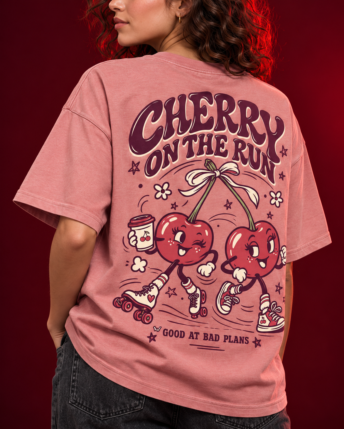 CHERRY ON THE RUN rose pink oversized T-shirt detail view