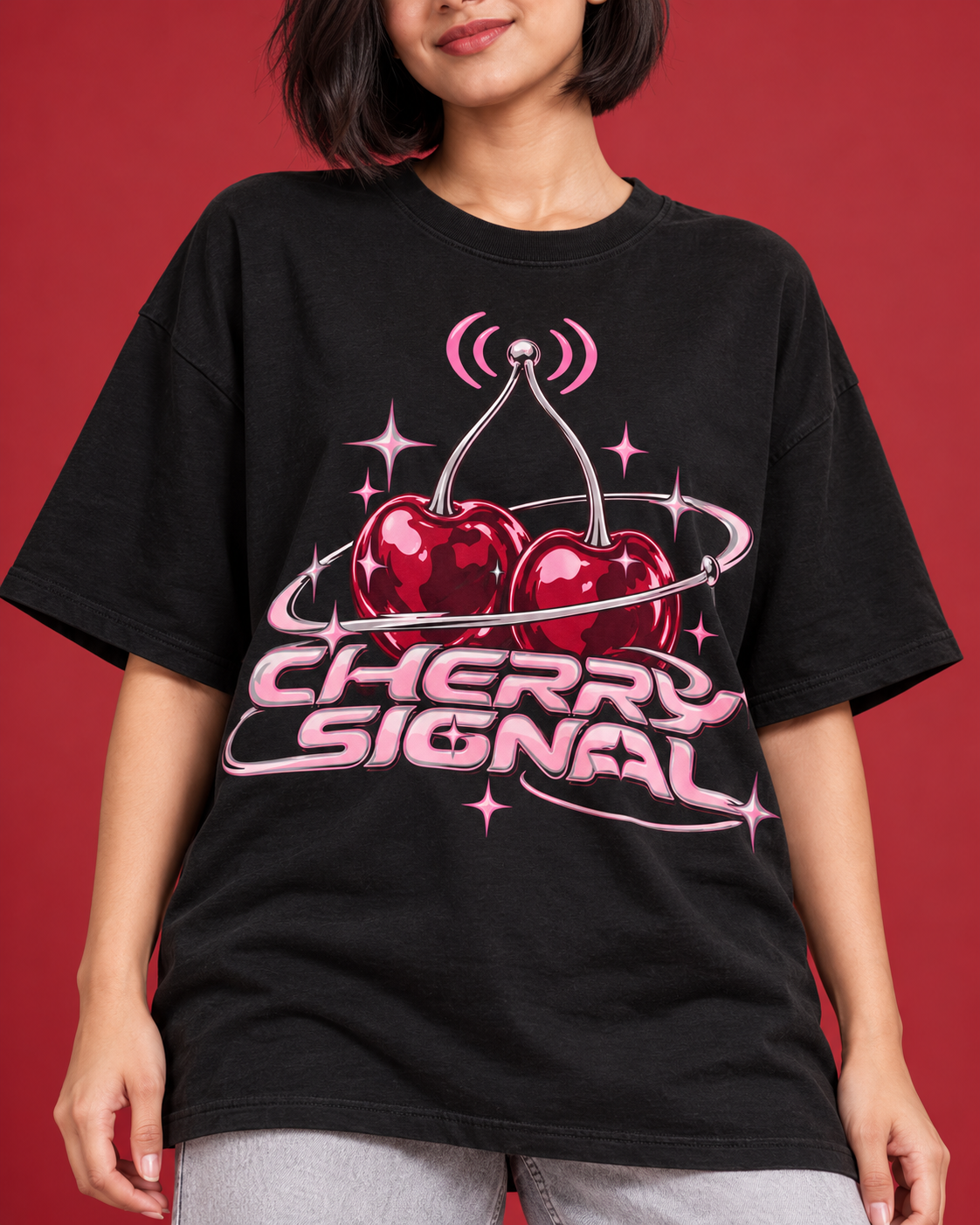 CHERRY SIGNAL women's black oversized tee print close-up