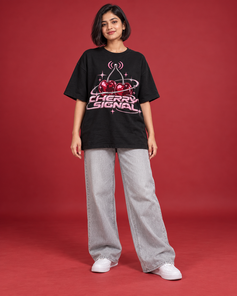 CHERRY SIGNAL — WOMEN'S BLACK OVERSIZED T-SHIRT