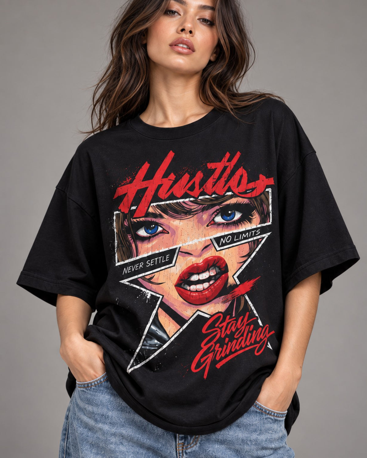 City Rush Hustle women oversized T-shirt front print close-up