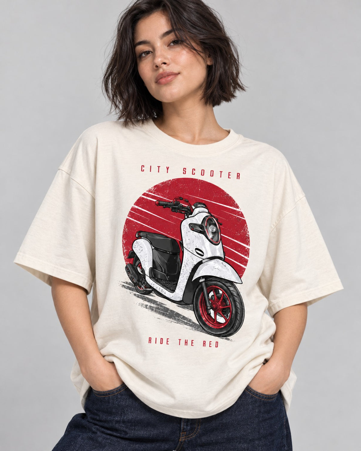 City Scooter Ride the Red women off-white oversized T-shirt close-up
