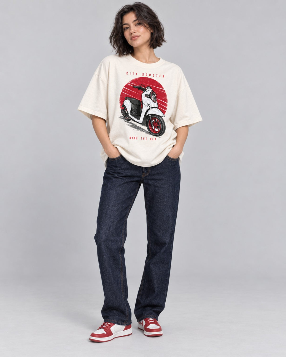 City Scooter Ride the Red women off-white oversized T-shirt full front