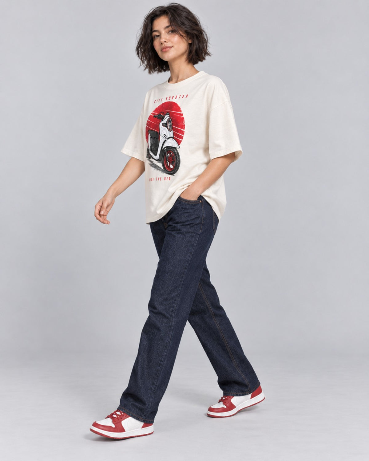 City Scooter Ride the Red women off-white oversized T-shirt side pose