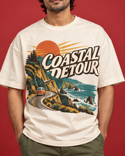 COASTAL DETOUR men's off-white oversized tee print close-up