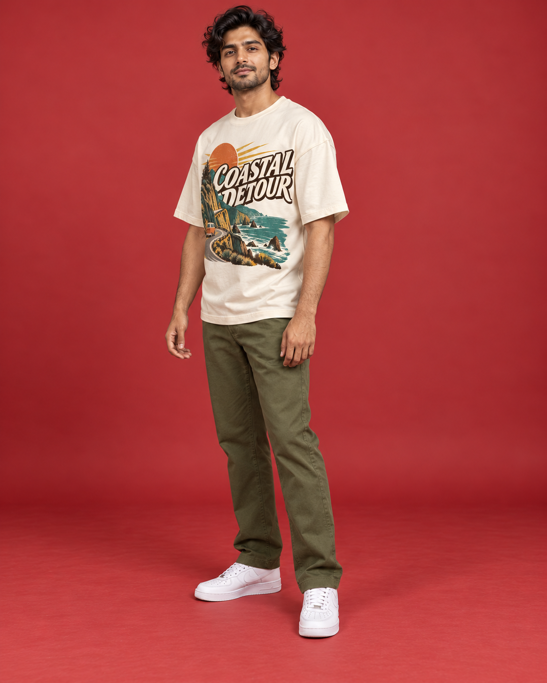 COASTAL DETOUR men's off-white oversized tee three-quarter side