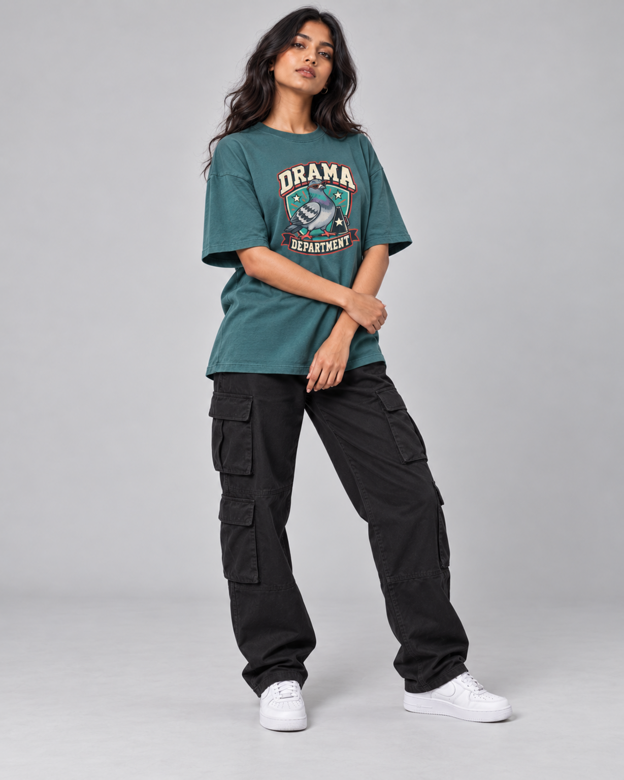 DRAMA DEPARTMENT WOMEN'S OVERSIZED T-SHIRT corrected three-quarter pose