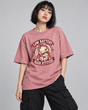 LOW BATTERY HIGH ATTITUDE WOMEN'S OVERSIZED T-SHIRT corrected close-up