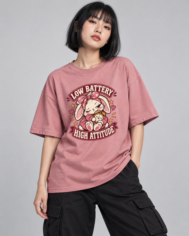 LOW BATTERY HIGH ATTITUDE WOMEN'S OVERSIZED T-SHIRT