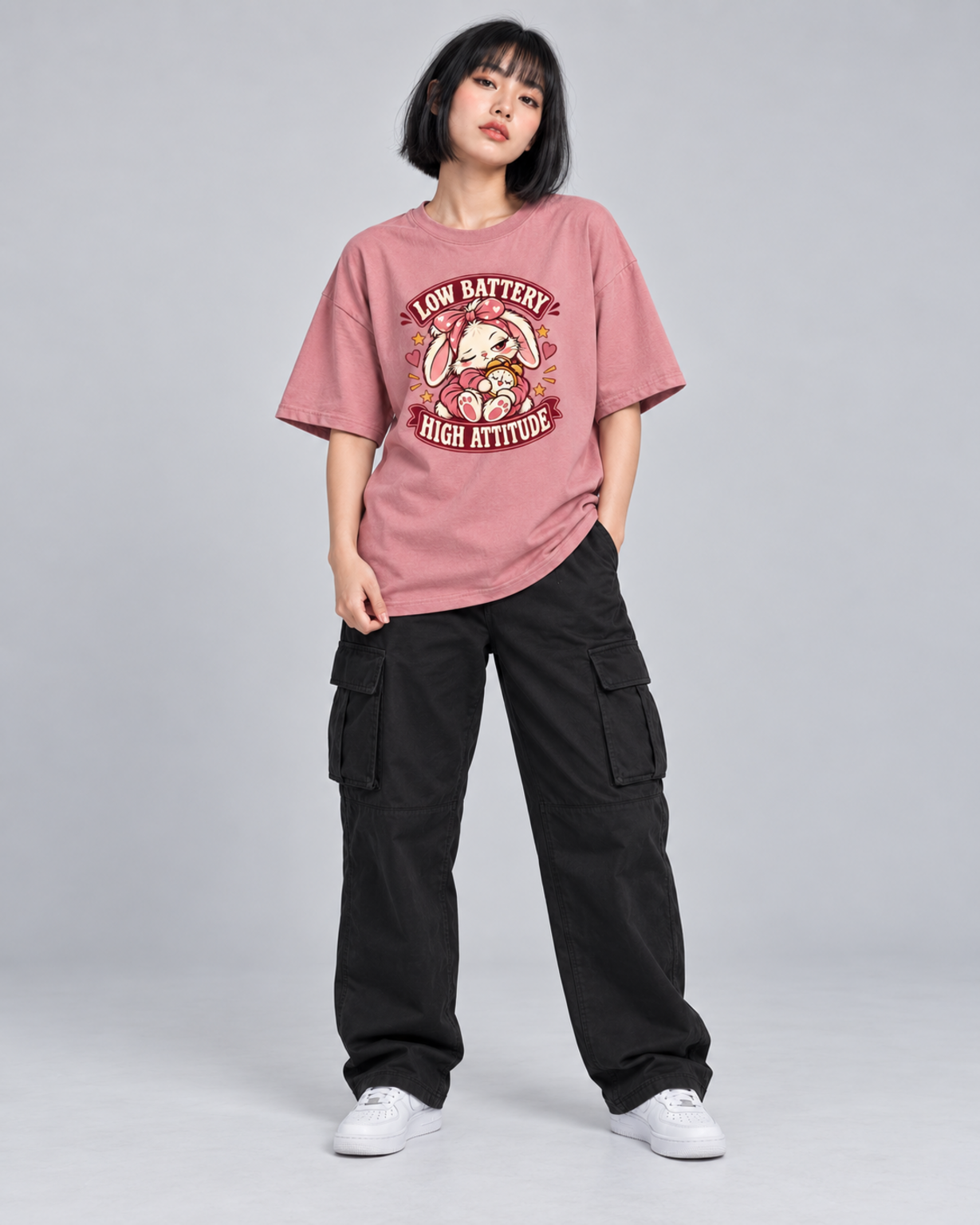 LOW BATTERY HIGH ATTITUDE WOMEN'S OVERSIZED T-SHIRT corrected full front