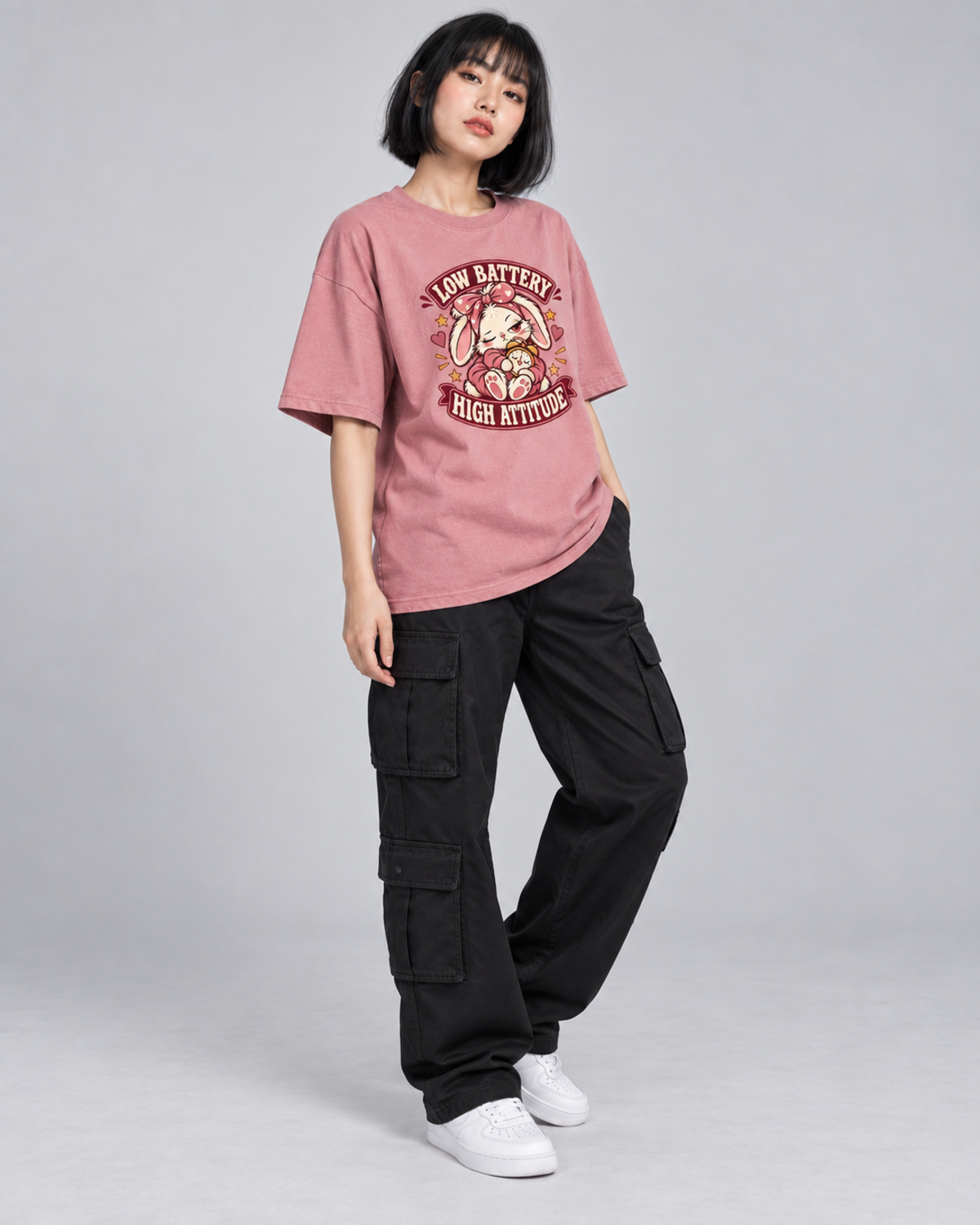 LOW BATTERY HIGH ATTITUDE WOMEN'S OVERSIZED T-SHIRT corrected three-quarter pose