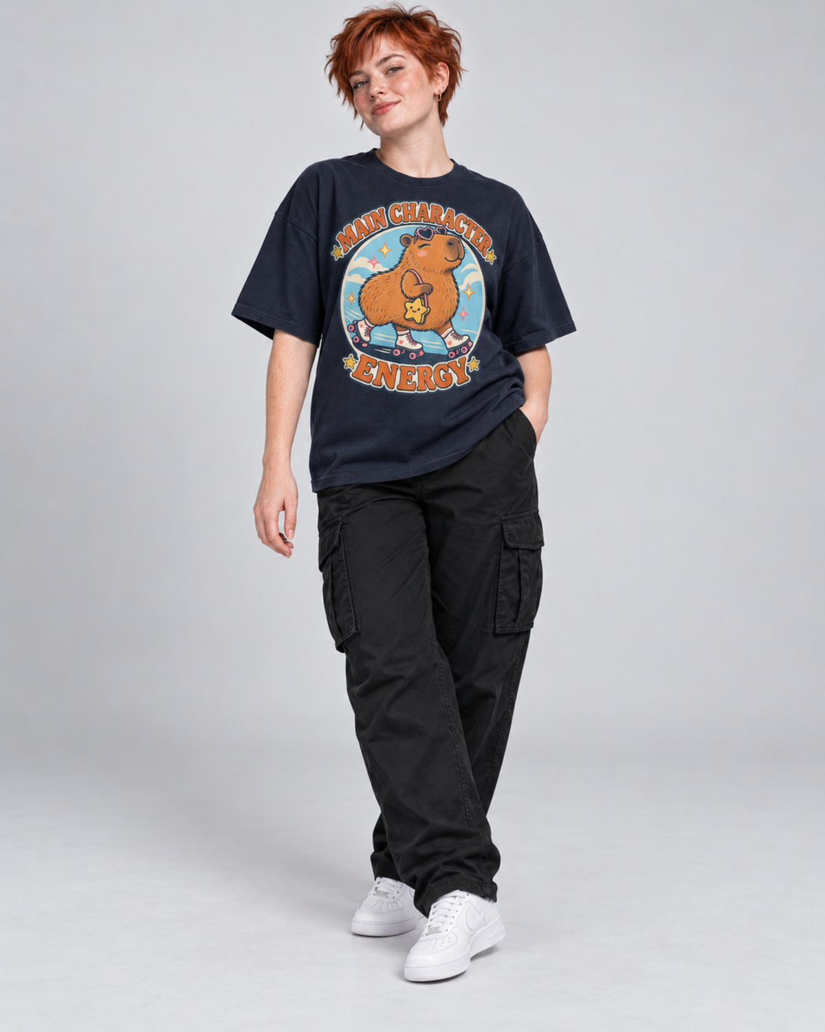 MAIN CHARACTER ENERGY WOMEN'S OVERSIZED T-SHIRT corrected three-quarter pose