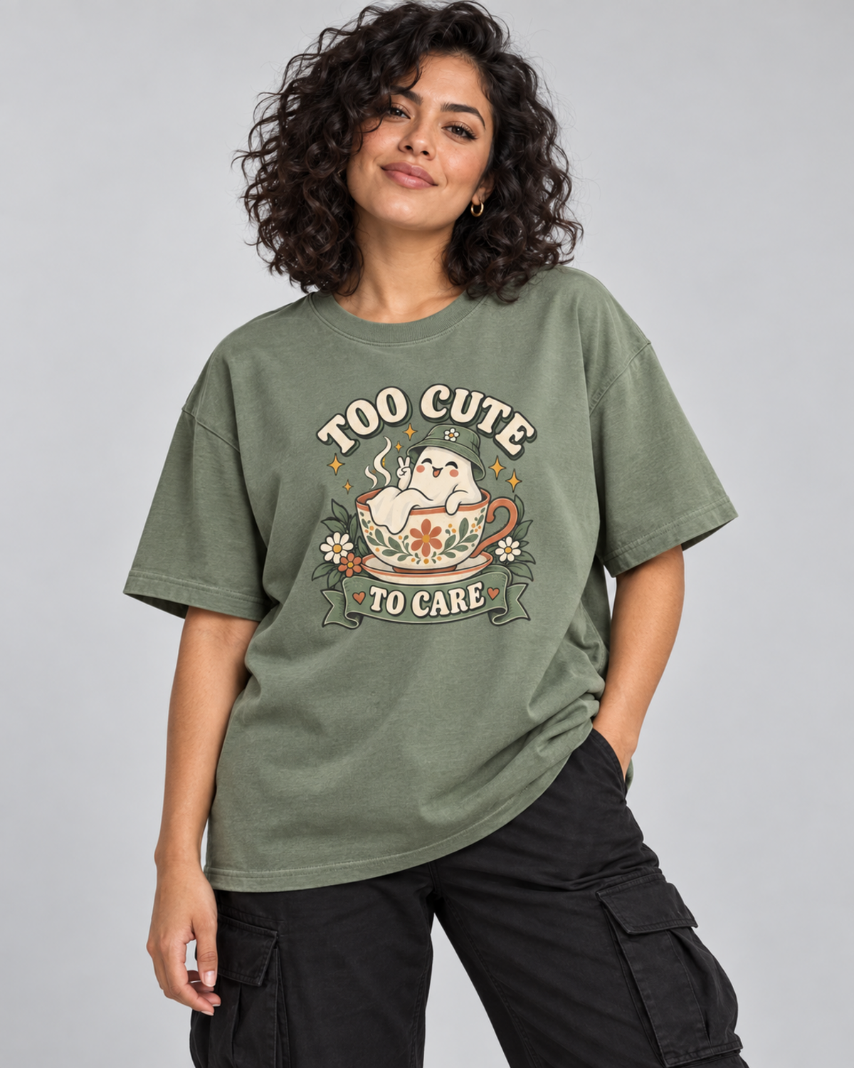 TOO CUTE TO CARE WOMEN'S OVERSIZED T-SHIRT corrected close-up