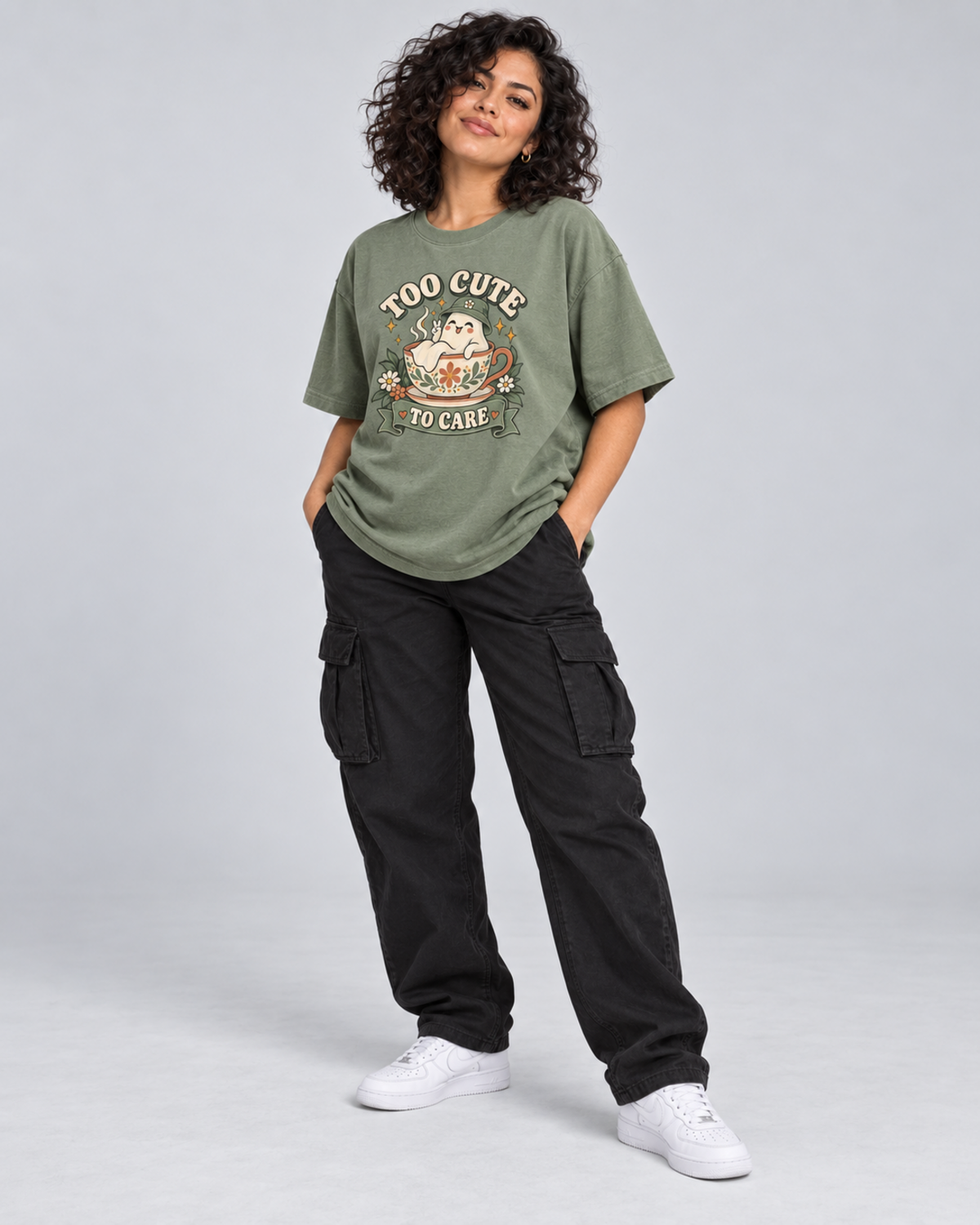 TOO CUTE TO CARE WOMEN'S OVERSIZED T-SHIRT corrected three-quarter pose
