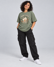 TOO CUTE TO CARE WOMEN'S OVERSIZED T-SHIRT corrected three-quarter pose