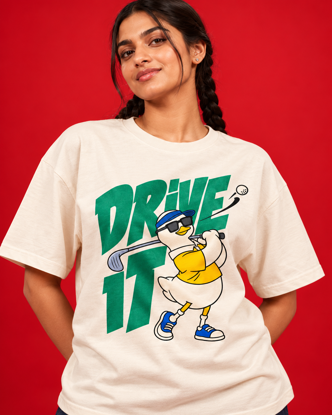 Drive It women's off-white oversized tee close-up goose golfer green typography cotton print texture