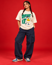 Drive It women's off-white oversized tee green stacked typography goose golfer yellow polo front print