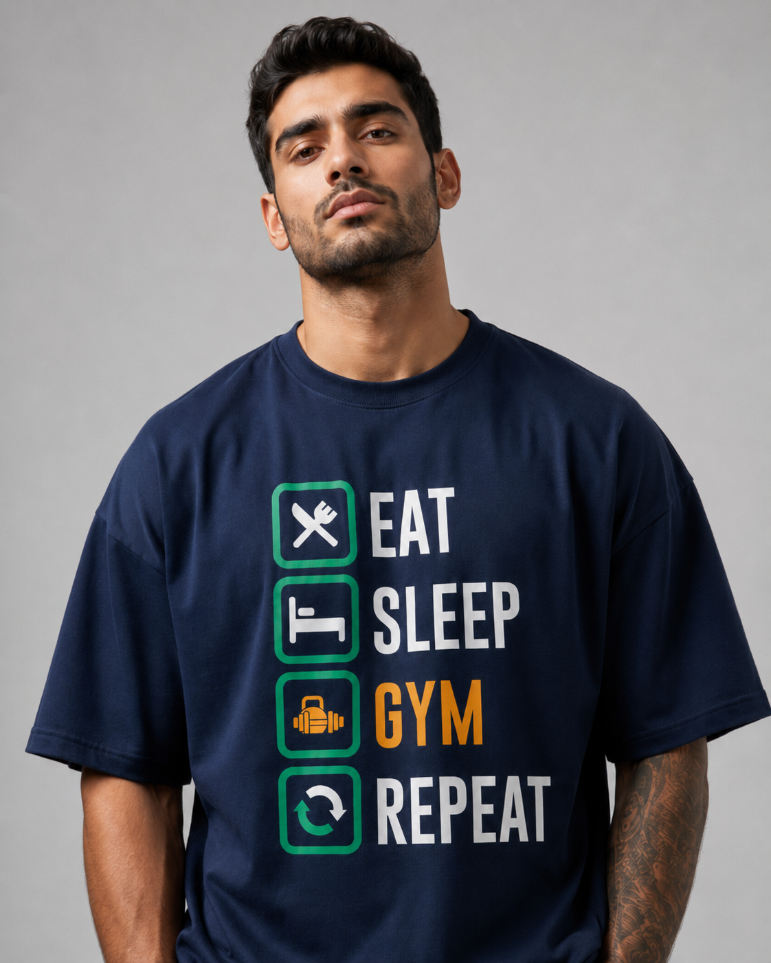 EAT SLEEP GYM REPEAT Navy Blue Oversized T-Shirt Close-Up View