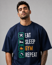 EAT SLEEP GYM REPEAT Navy Blue Oversized T-Shirt Close-Up View