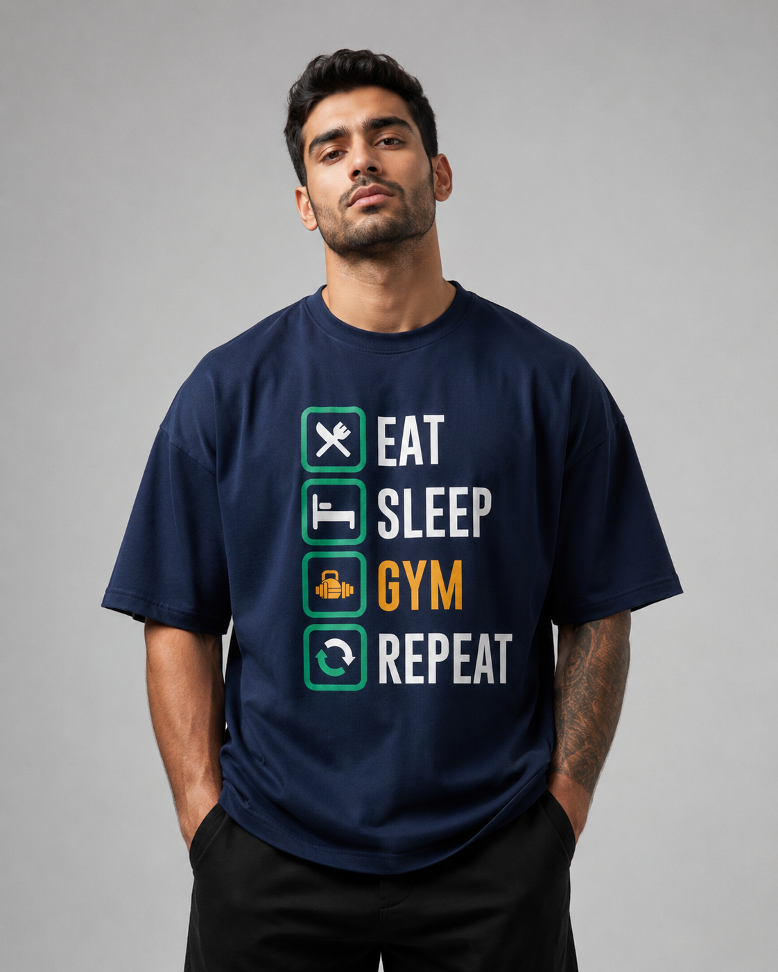 EAT SLEEP GYM REPEAT Navy Blue Oversized T-Shirt Front View