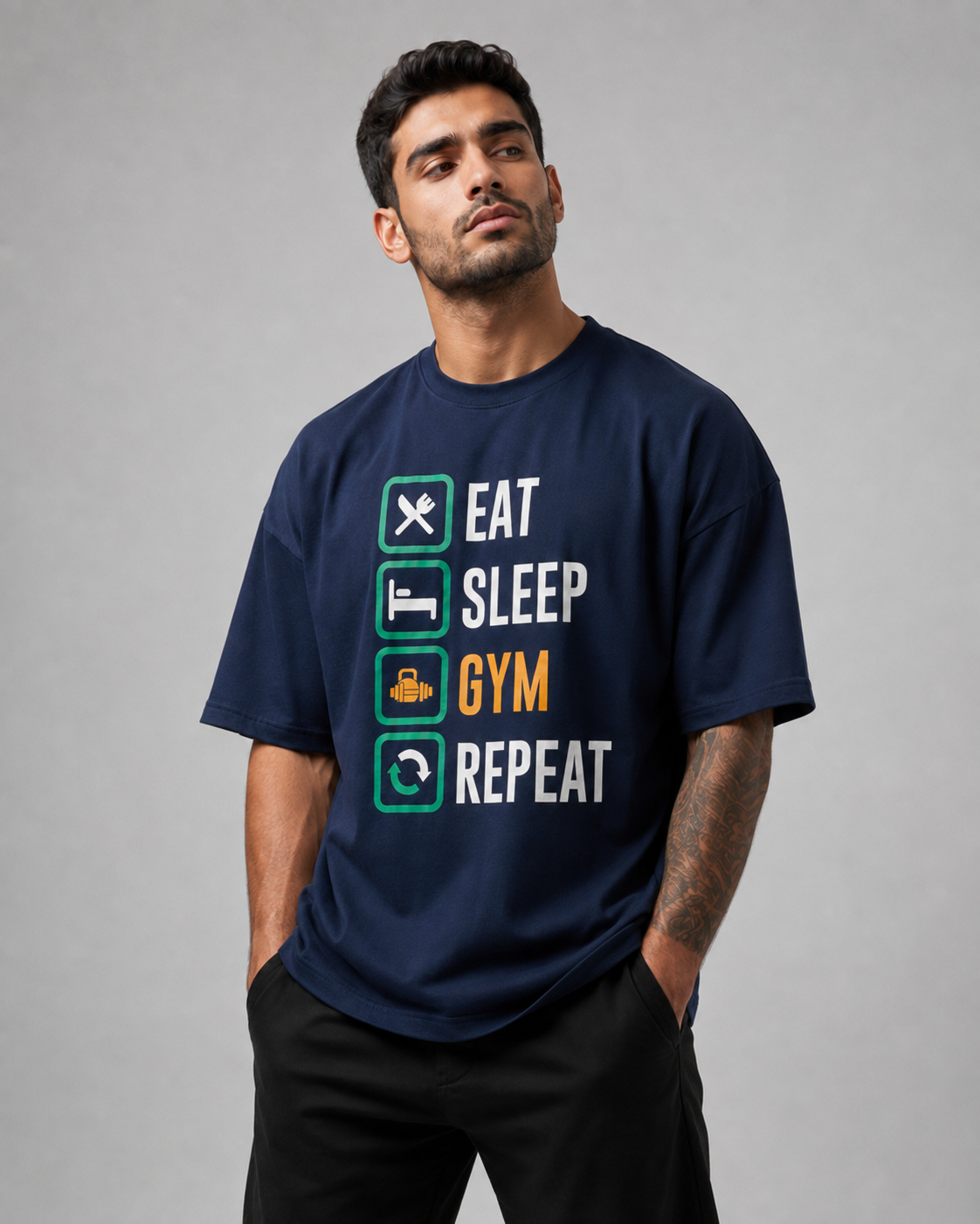 EAT SLEEP GYM REPEAT Navy Blue Oversized T-Shirt 3/4 View