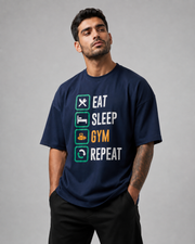 EAT SLEEP GYM REPEAT Navy Blue Oversized T-Shirt 3/4 View