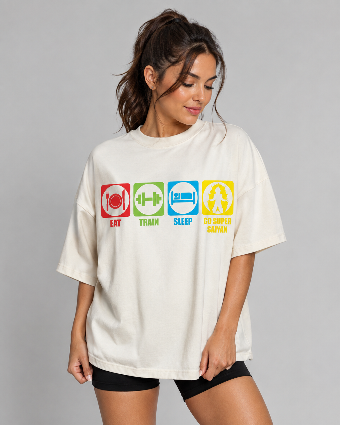 EAT TRAIN SLEEP GO SUPER SAIYAN Women's Off White Oversized T-Shirt Front View