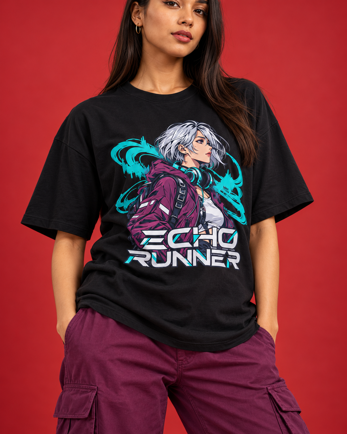 ECHO RUNNER manga graphic and matte cotton close-up